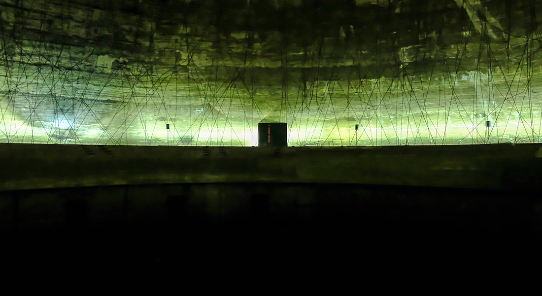 Experimental floating stage inside The Dome of Oscar Niemeyer's unfinished International Fairgrounds in Tripoli, Lebanon. CC BY-NC 2.0.
