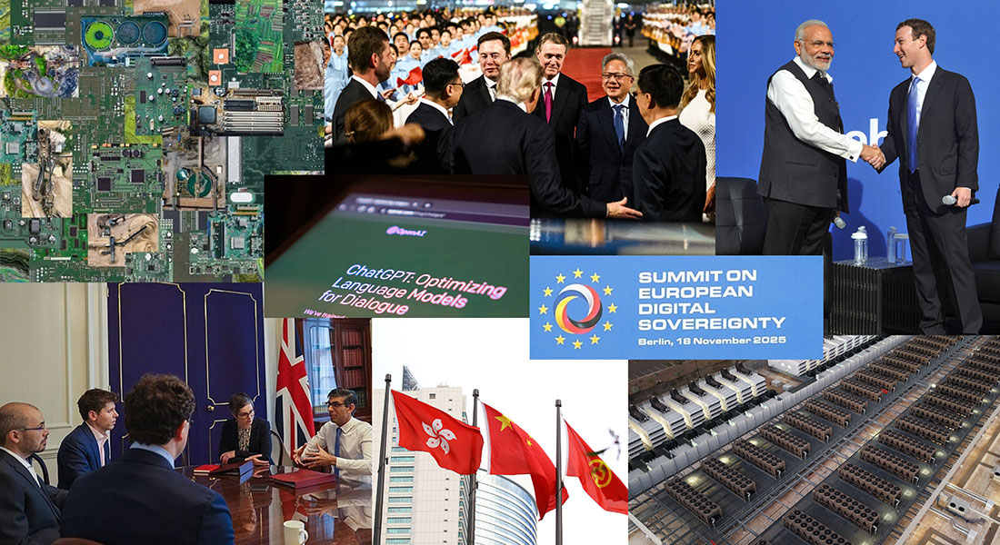 From top left to right:  Sinem Görücü / https://betterimagesofai.org / https://creativecommons.org/licenses/by/4.0/ © European Union, 2026, CC BY 4.0 https://creativecommons.org/licenses/by/4.0, via Wikimedia Commons: https://commons.wikimedia.org/wiki/File:Meeting_between_Ursula_von_der_Leyen_%26_J._D._Vance_-_AI_Action_Summit,_Paris,_France_(2025).jpg  President Trump signs the Executive Order on “Maintaining American Leadership in Artificial Intelligence” (32123469237) by The White House. Public Domain: https://commons.wikimedia.org/wiki/File:President_Trump_signs_the_Executive_Order_on_“Maintaining_American_Leadership_in_Artificial_Intelligence”_(32123469237).jpg © UK Prime Minister, CC BY 2.0 https://creativecommons.org/licenses/by/2.0, via Wikimedia Commons: https://commons.wikimedia.org/wiki/File:The_Prime_Minister_meets_with_AI_developers_-_52923262183.jpg  © European Union, 2026, CC BY 4.0 https://creativecommons.org/licenses/by/4.0, via Wikimedia Commons: https://commons.wikimedia.org/wiki/File:Summit_on_European_Digital_Sovereignty,_Berlin_-_2025.jpg  Bart Fish & Power Tools of AI / https://betterimagesofai.org / https://creativecommons.org/licenses/by/4.0/
