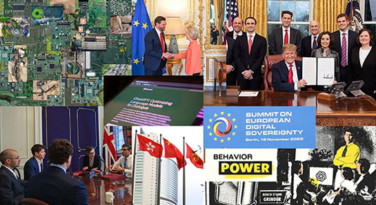 From top left to right:  Sinem Görücü / https://betterimagesofai.org / https://creativecommons.org/licenses/by/4.0/ © European Union, 2026, CC BY 4.0 https://creativecommons.org/licenses/by/4.0, via Wikimedia Commons: https://commons.wikimedia.org/wiki/File:Meeting_between_Ursula_von_der_Leyen_%26_J._D._Vance_-_AI_Action_Summit,_Paris,_France_(2025).jpg  President Trump signs the Executive Order on “Maintaining American Leadership in Artificial Intelligence” (32123469237) by The White House. Public Domain: https://commons.wikimedia.org/wiki/File:President_Trump_signs_the_Executive_Order_on_“Maintaining_American_Leadership_in_Artificial_Intelligence”_(32123469237).jpg © UK Prime Minister, CC BY 2.0 https://creativecommons.org/licenses/by/2.0, via Wikimedia Commons: https://commons.wikimedia.org/wiki/File:The_Prime_Minister_meets_with_AI_developers_-_52923262183.jpg  © European Union, 2026, CC BY 4.0 https://creativecommons.org/licenses/by/4.0, via Wikimedia Commons: https://commons.wikimedia.org/wiki/File:Summit_on_European_Digital_Sovereignty,_Berlin_-_2025.jpg  Bart Fish & Power Tools of AI / https://betterimagesofai.org / https://creativecommons.org/licenses/by/4.0/